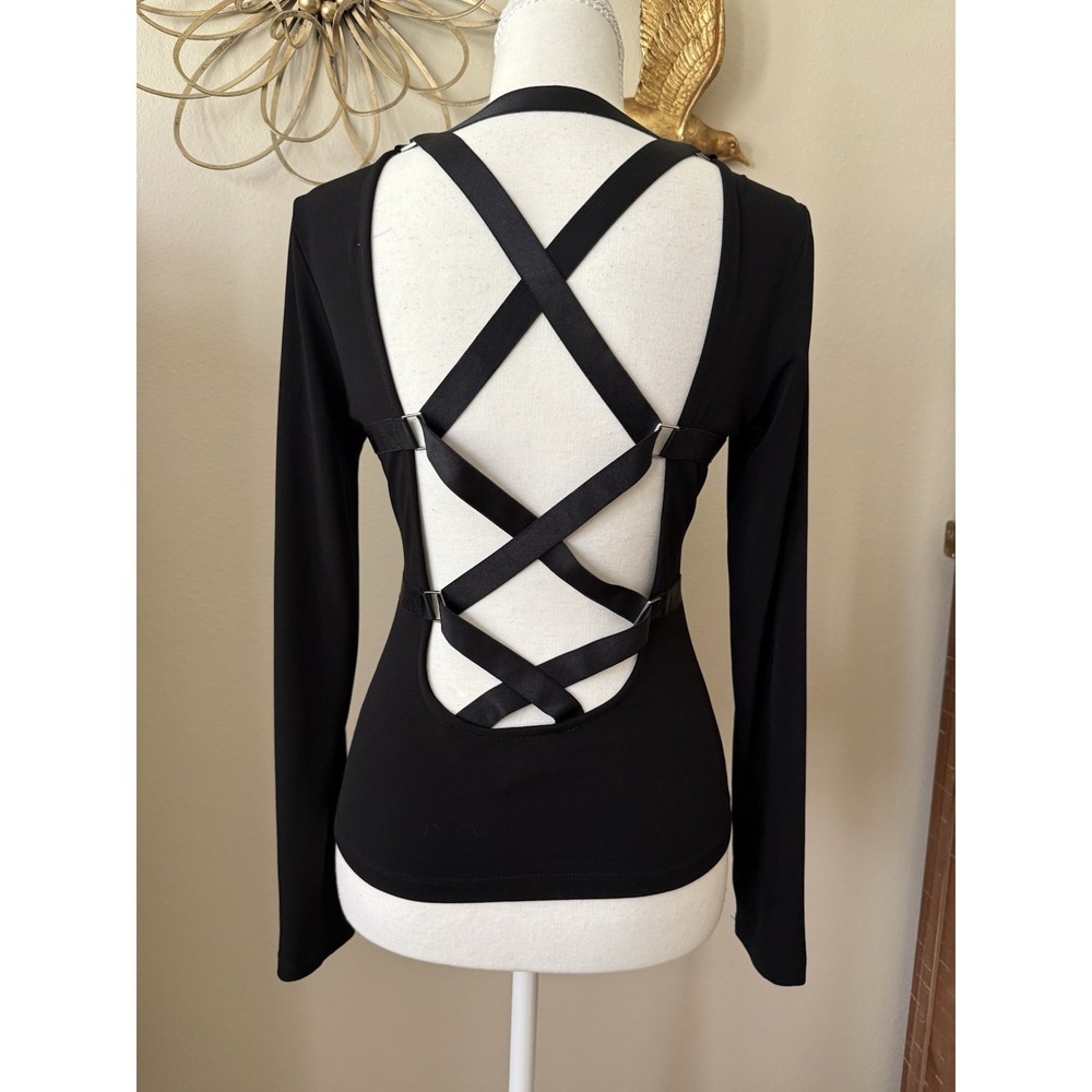 Express Black Open Back Strappy Long Sleeve Top Womens S Stretch Y2K Sexy - Picture 3 of 8